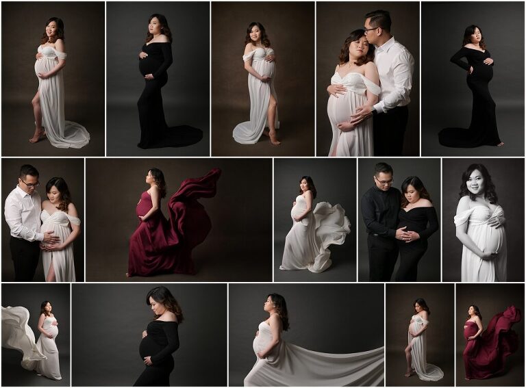 fine art maternity portrait session in Baton Rouge, Louisiana with Cherilyn Haines Photography. Pregnant mama is photographed in a fitted black long sleeve gown, a white flowy off the shoulder gown, and a dark raspberry colored silk tossing fabric