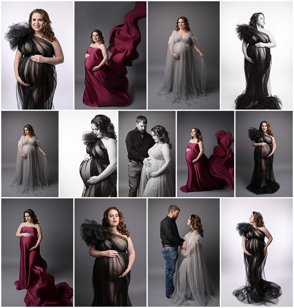 fine art maternity portrait session in Baton Rouge, Louisiana with Cherilyn Haines Photography; pregnant mama is photographed wearing a sheer black tulle gown, a silk silver beaded maternity gown, and a raspberry colored silk tossing fabric