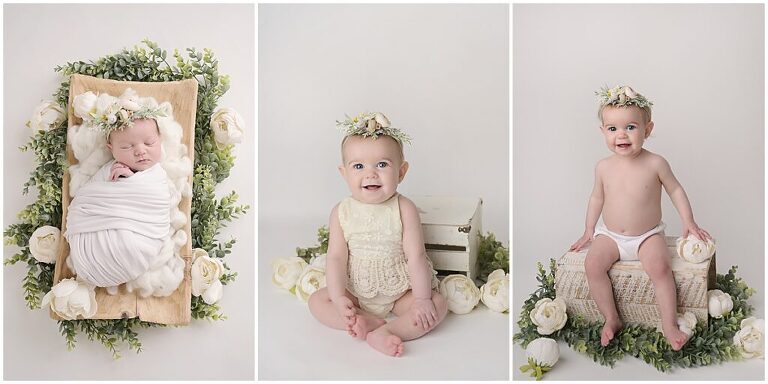 Cherilyn Haines Photography photographs a baby on the same setup at 1 week old, 6 months old, and 1 year old; baby plan progression shots in Baton Rouge, Louisiana