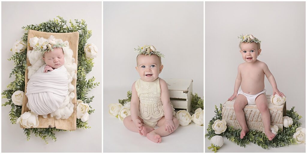 Cherilyn Haines Photography photographs a baby on the same setup at 1 week old, 6 months old, and 1 year old; baby plan progression shots in Baton Rouge, Louisiana