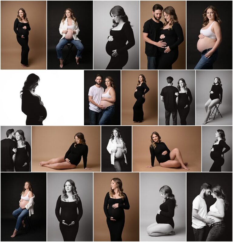 fine art maternity portrait session in new orleans, louisiana with cherilyn haines photography; pregnant mama is photographed in a fitted black gown and a long sleeve black bodysuit. This mama also chose to wear jeans and a bra with an oversized button down shirt.