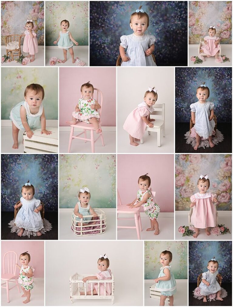 1 year old baby girl is photographed by Cherilyn Haines Photography at her studio in Baton Rouge, Louisiana. She is photographed in front of a solid pink backdrop with strawberry outfit, a dark floral backdrop, and a light pink floral backdrop wearing a light pink dress.