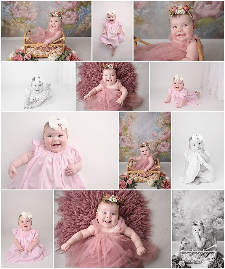 6 month old baby girl is photographed by Cherilyn Haines photography in Baton Rouge, Louisiana at her studio. She is photographed in front of a floral backdrop as well as a classic, simple white backdrop.