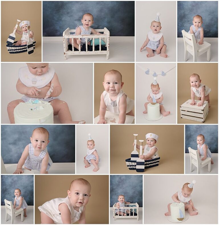 1 year session with Cherilyn Haines Photography in Baton Rouge, Louisiana. Baby boy is photographed in nautical themed setups. He also is photographed doing a simple sailboat themed cake smash