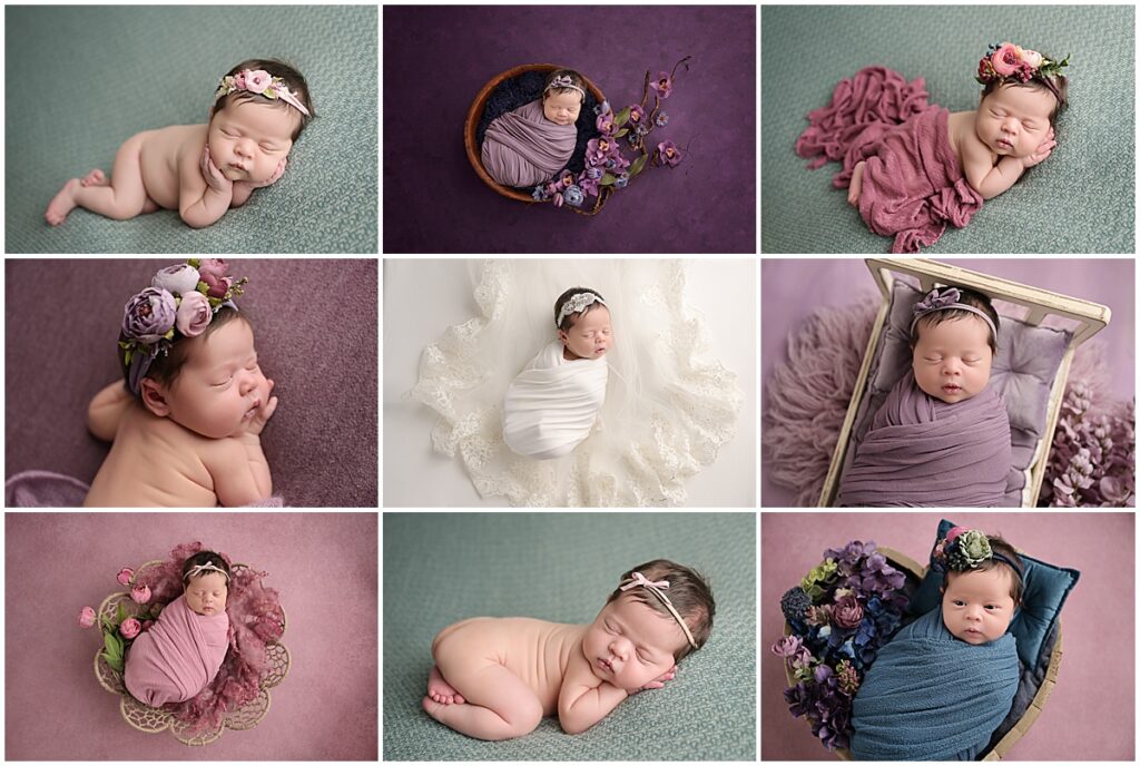 8 day old newborn baby girl is photographed by Cherilyn Haines Photography at her studio in Baton Rouge, Louisiana. This newborn session was styled with jewel toned colors with a little hint of classic white. Newborn baby is photographed on mom's wedding veil