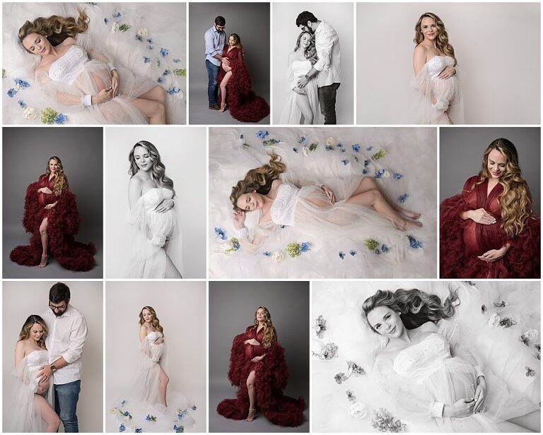studio maternity session in Baton Rouge, Louisiana with Cherilyn Haines Photography; white tulle maternity gown on a white setup with blue florals