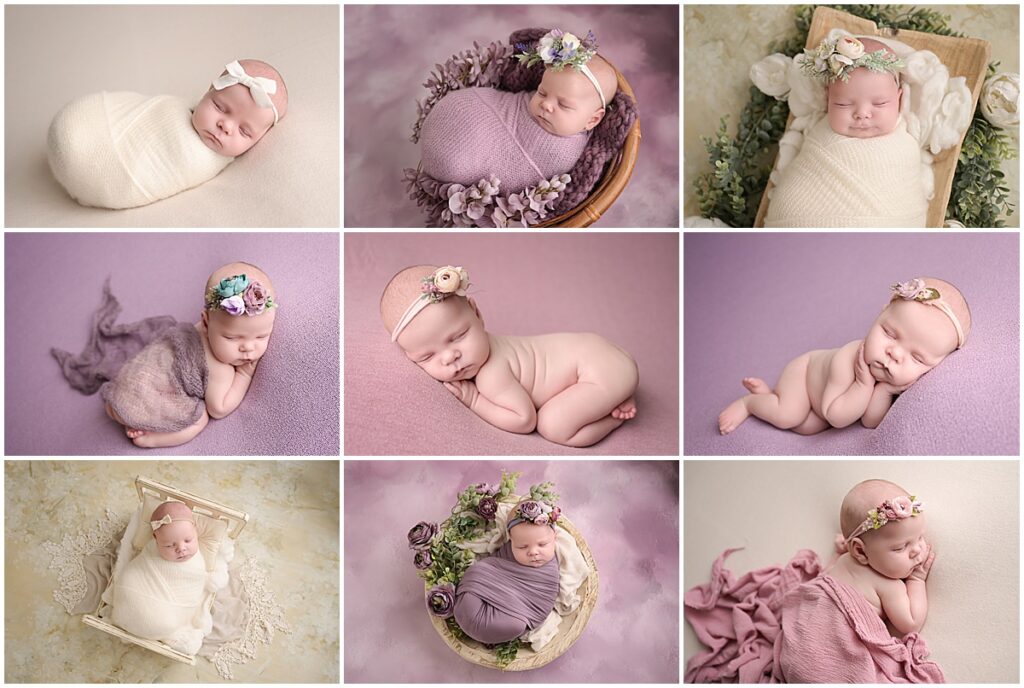 1 month old newborn baby girl is photographed by Cherilyn Haines Photography at her studio in Baton Rouge, Louisiana. This newborn session was styled with pinks, purples, and neutrals and added floral accents.