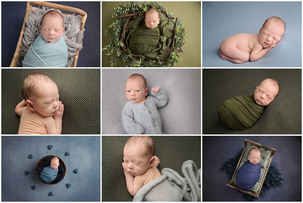 11 day old newborn baby boy is photographed by Cherilyn Haines photography at her studio in Baton Rouge, Louisiana. His session was styled with blues, greens, and rustic props. He was photographed awake and sleeping. 