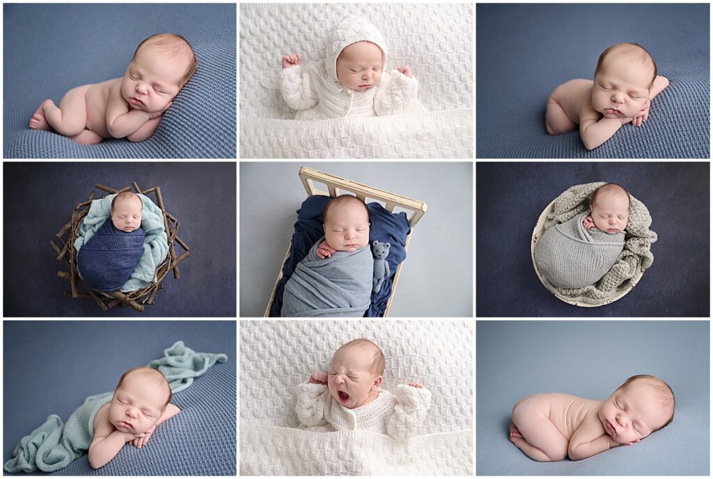 10 day old newborn baby boy is photographed by Cherilyn Haines Photography at her studio in Baton Rouge, Louisiana. His newborn session is styled with different shades of blue and he was also photographed in a white crocheted keepsake outfit.
