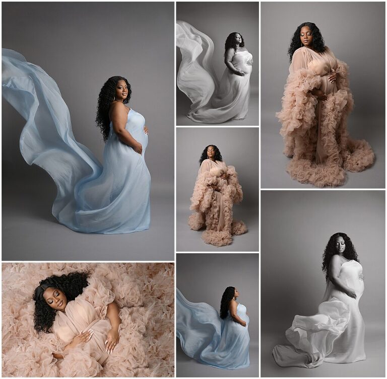 fine art maternity portrait session in Baton Rouge, Louisiana with Cherilyn Haines Photography. This pregnant mama was photographed in a light blue silk tossing fabric and light beige tulle maternity gown.