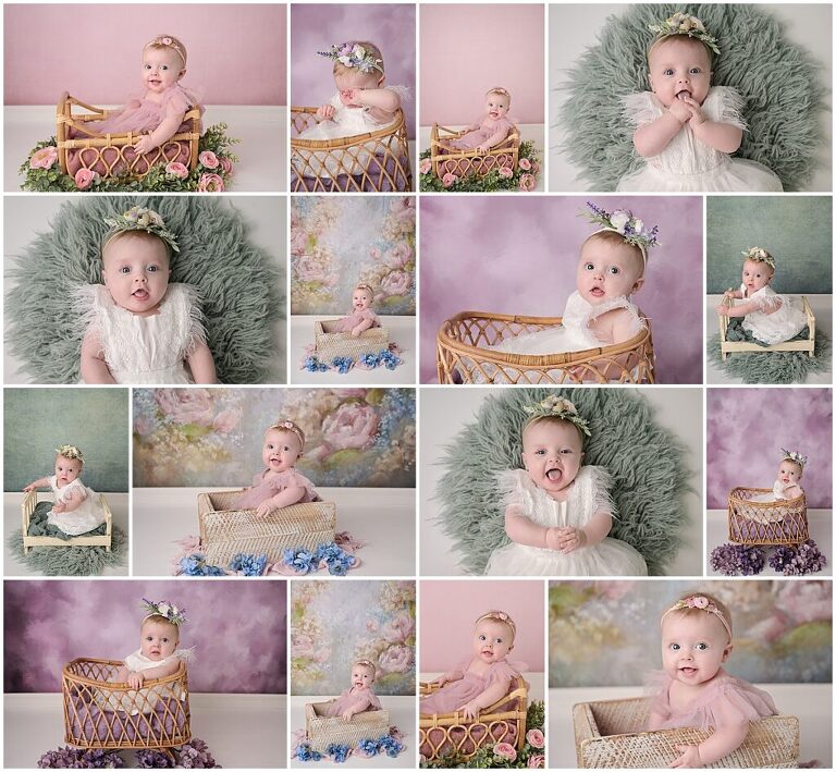 6 month old baby girl is photographed by Cherilyn Haines Photography at her studio in Baton Rouge, Louisiana. Baby girl is photographed on pink, purple, and sage greens backdrops