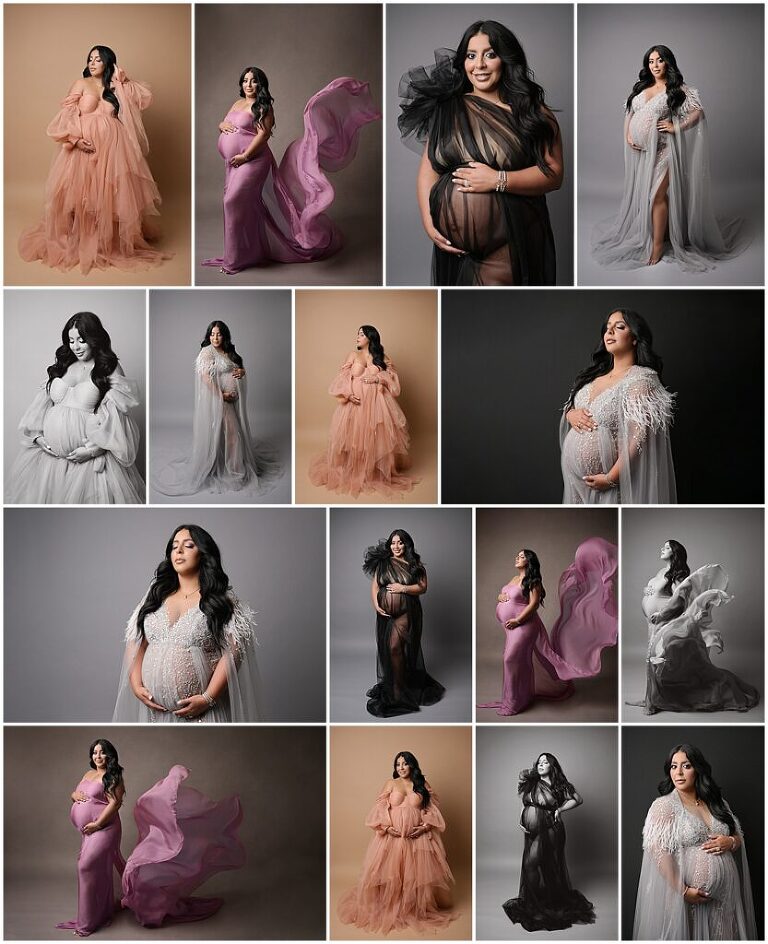 fine art maternity portrait session in Baton Rouge, Louisiana with Cherilyn Haines Photography. Beautiful pregnant mama is photographed wearing 3 couture gowns from Cherilyn's client closet as well as a rose pink satin tossing fabric. Cherilyn Haines Photography is a fine art maternity, newborn, and baby photographer who services Denham Springs, Baton Rouge, New Orleans, Hammond, Lake Charles, and Lafayette, Louisiana, as well as Houston, Texas.
