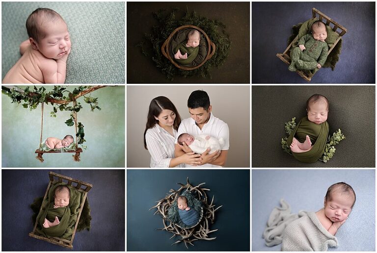 10 day old smiling newborn baby boy is photographed by Cherilyn Haines Photography at her studio in Baton Rouge, Louisiana. His newborn session was styled with navy blue, aqua, and dark green. He was photographed on a swing, in a tiny wooden bed, and with deer antlers.