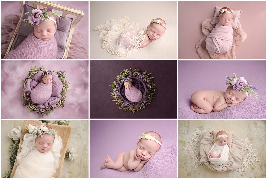14 day old newborn baby girl is photographed by Cherilyn Haines Photography at her studio in Baton Rouge, Louisiana. Her newborn session is styled with pinks, purples, and floral accents.