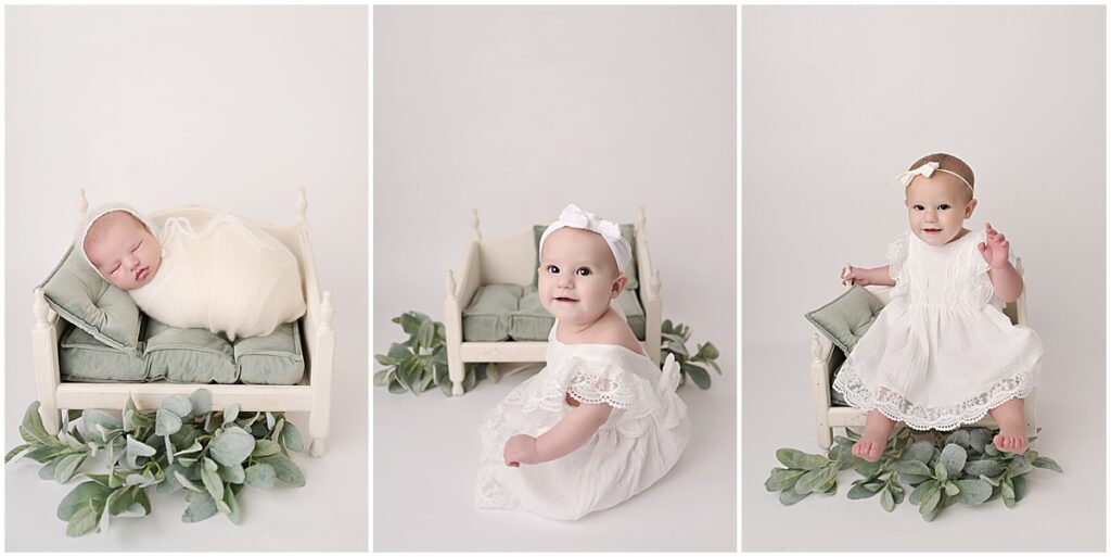 baby girl is photographed by Cherilyn Haines Photography in the same setup as a newborn, 6 month old, and 1 year old. Cherilyn is a maternity, newborn, and baby photographer who services Baton Rouge, Denham Springs, Hammond, New Orleans, Lake Charles, and Lafayette, Louisiana.
