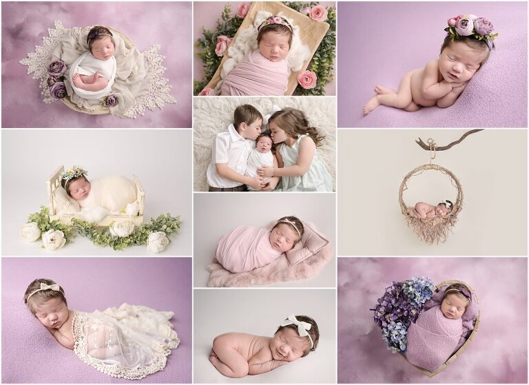 9 day old newborn baby girl is photographed at Cherilyn Haines photography's studio in Baton Rouge, Louisiana. This newborn session is styled with pinks, purples, and lace/floral accents. This baby girl is also photographed with her big brother and big sister. 