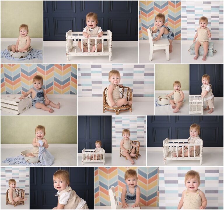 1 year old baby boy is photographed at Cherilyn Haines photography's studio in Baton Rouge, Louisiana. He is photographed on a navy backdrop as well as a couple of fun geometric print backdrops.