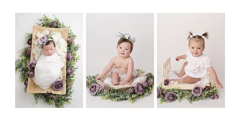 progression shots of a baby photographed in the same setup as a newborn, a 6 month old, and a 1 year old by Cherilyn Haines Photography in Baton Rouge, Louisiana.