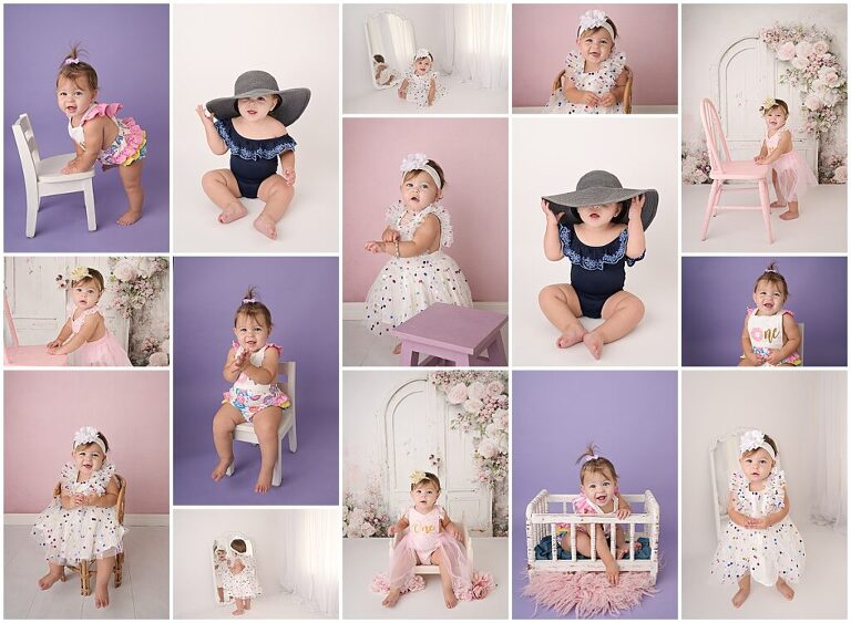 1 year old baby girl is photographed by Cherilyn Haines Photography at her studio in baton rouge, Louisiana. She is photographed on a floral archway backdrop, a pink backdrop, and a purple backdrop. She is also photographed looking at herself in a white ornate mirror.