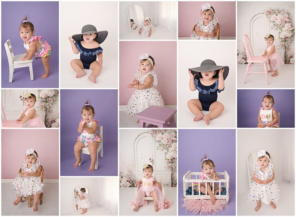 1 year old baby girl is photographed by Cherilyn Haines Photography at her studio in baton rouge, Louisiana. She is photographed on a floral archway backdrop, a pink backdrop, and a purple backdrop. She is also photographed looking at herself in a white ornate mirror.