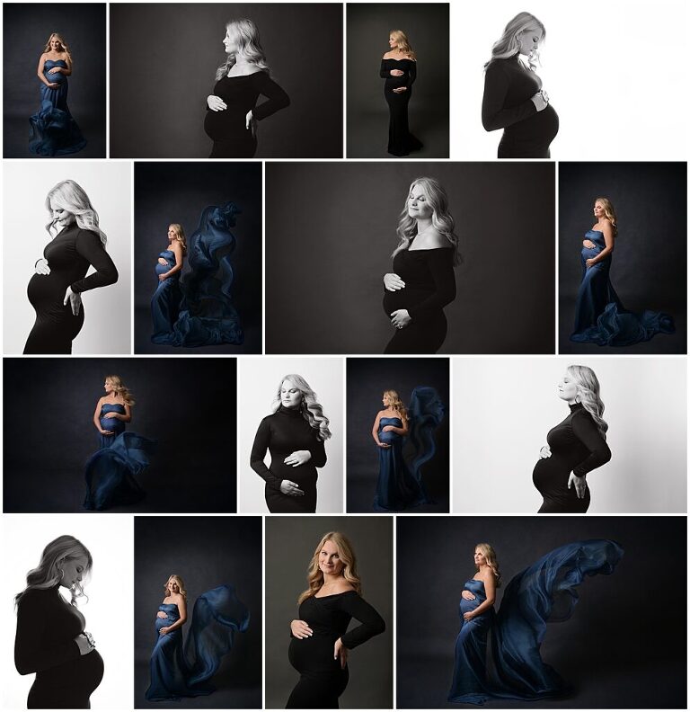 Fine art maternity portrait session with Cherilyn Haines Photography in Baton Rouge, Louisiana. Cherilyn is a fine art studio photographer specializing in maternity, newborn, and baby portraits. This pregnant mama is photographed in two different classic black maternity gowns for some black and white shots and silhouette shots. She was also photographed in a glamorous indigo blue silk tossing fabric for a more dramatic look.