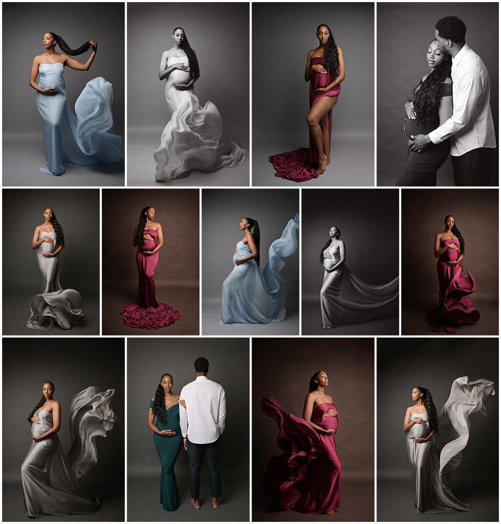 fine art maternity portrait session in Baton Rouge, Louisiana with Cherilyn Haines photography. Pregnant mama is photographed on dark backdrops wearing silk tossing fabrics in ivory, pale blue, and raspberry colors. Cherilyn Haines is a fine art maternity, newborn, and baby photographer who services clients in Baton Rouge, Denham Springs, New Orleans, Hammond, Lafayette, and Lake Charles.
