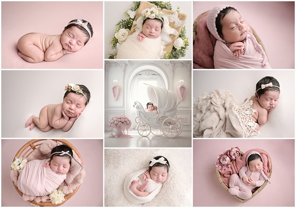 14 day old newborn baby girl is photographed by Cherilyn Haines photography at her studio in Baton Rouge, Louisiana. Her newborn session is styled with pinks and creams with feminine accessories of lace, and florals.