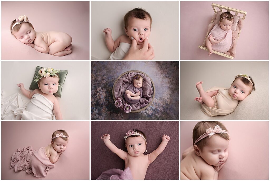 2 month old baby girl is photographed by Cherilyn Haines photography at her Baton Rouge, Louisiana studio. She is photographed awake and posing for the camera as well as sleeping and laying in tiny props.