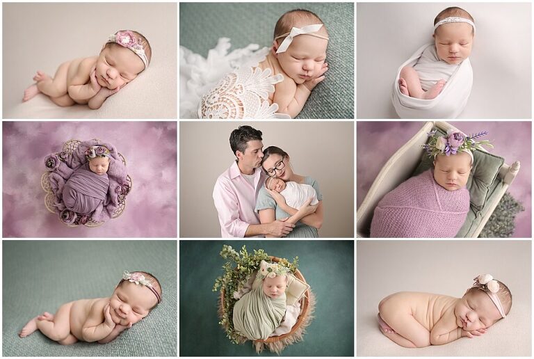 7 day old newborn baby girl is photographed by Cherilyn Haines photography at her studio in Baton Rouge, Louisiana. This newborn session is styled with lavender, sage green, neutrals, and floral accents.