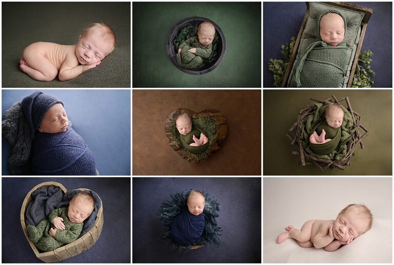 12 day old newborn baby boy is photographed on deep blues and greens and sleeping in different props. This newborn is photographed by Cherilyn Haines Photography who is a fine art maternity, newborn, and baby photographer in the Southeast Louisiana area.