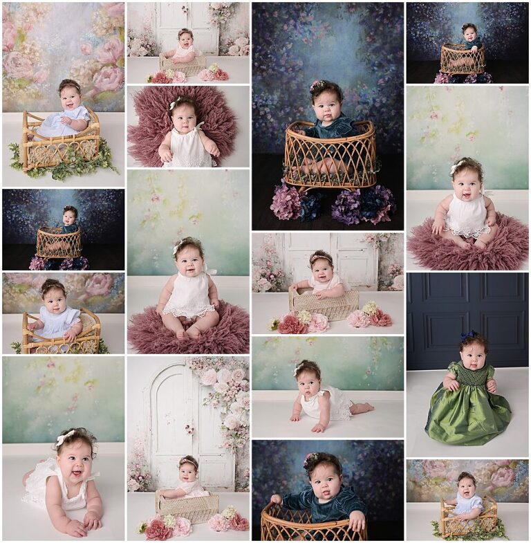 6 month old baby girl is photographed by Cherilyn haines photography; she is photographed on many different floral backdrops and sitting in wicker and wooden props.