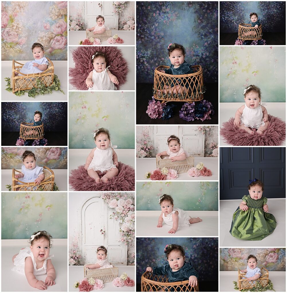 6 month old baby girl is photographed by Cherilyn haines photography; she is photographed on many different floral backdrops and sitting in wicker and wooden props.