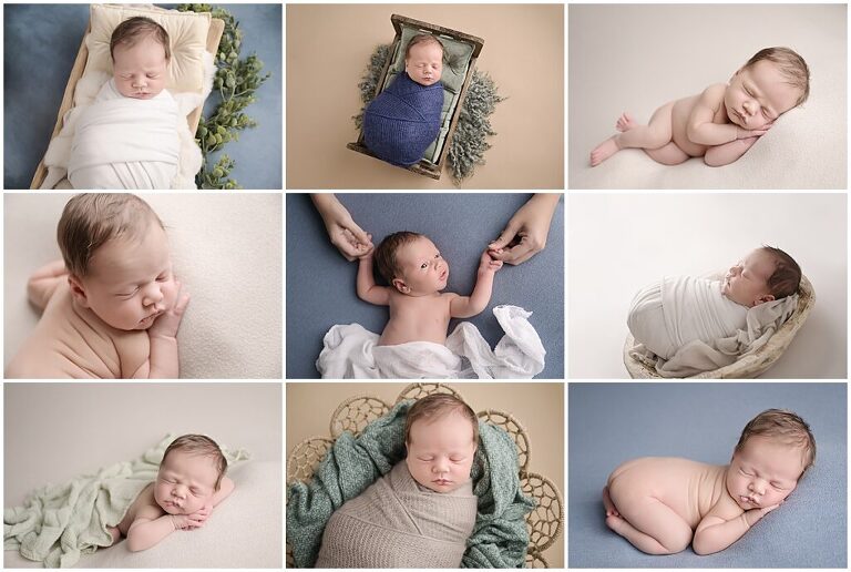 newborn baby boy is photographed by Cherilyn Haines photography at her studio in Baton Rouge, Louisiana. His newborn session is styled with neutral setups on blankets and in wooden props. Shades of blues and greens were also used to add pops of color.