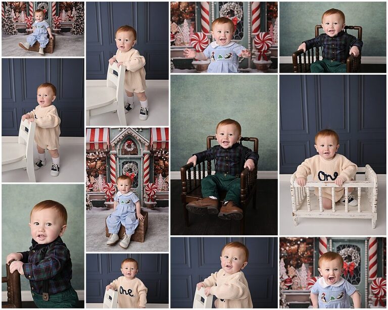 1 year portrait session in Baton Rouge, Louisiana with traditional backdrops as well as Christmas setups.