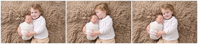 newborn baby boy and big brother are photographed snuggling together by Cherilyn Haines photography at her studio in Baton Rouge, Louisiana. Cherilyn Haines is a fine art maternity, newborn, and baby photographer who works with clients from Baton Rouge, New Orleans, hammond, Denham Springs, lake Charles, and Lafayette, Louisiana.