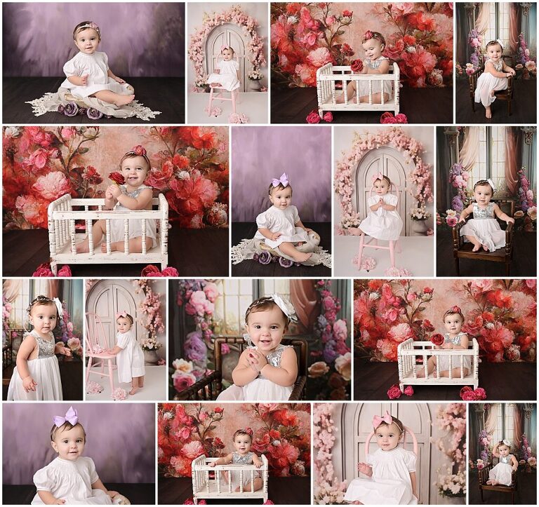 1 year old baby girl is photographed by Cherilyn Haines photography at her studio in Baton Rouge, Louisiana; 1 year old girl is photographed on floral backdrops; Baton Rouge newborn and baby photographer