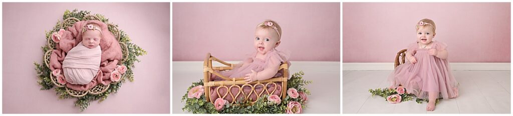 Progression pictures by Cherilyn Haines Photography of a baby girl as a newborn, a 6 month old, and a 1 year old.