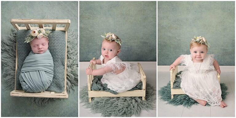pictures of a baby girl on the same backdrop and prop as a newborn, a 6 month old, and a 1 year old all photographed by Cherilyn Haines Photography in New Orleans, Louisiana.