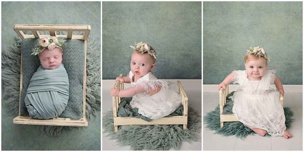 pictures of a baby girl on the same backdrop and prop as a newborn, a 6 month old, and a 1 year old all photographed by Cherilyn Haines Photography in New Orleans, Louisiana.
