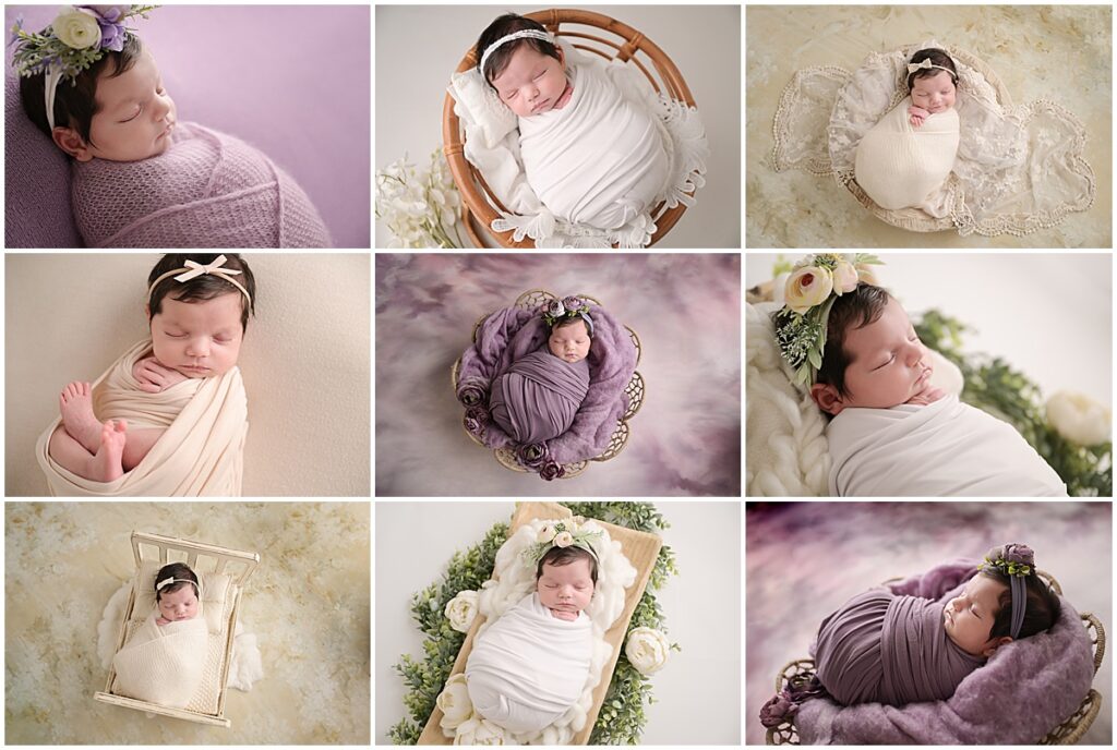 17 day old newborn baby girl is photographed by Cherilyn Haines Photography at her studio in Baton Rouge, Louisiana. Her session was styled with purples, neutrals, and lots of floral accents. She was posed on tiny beds and baskets.