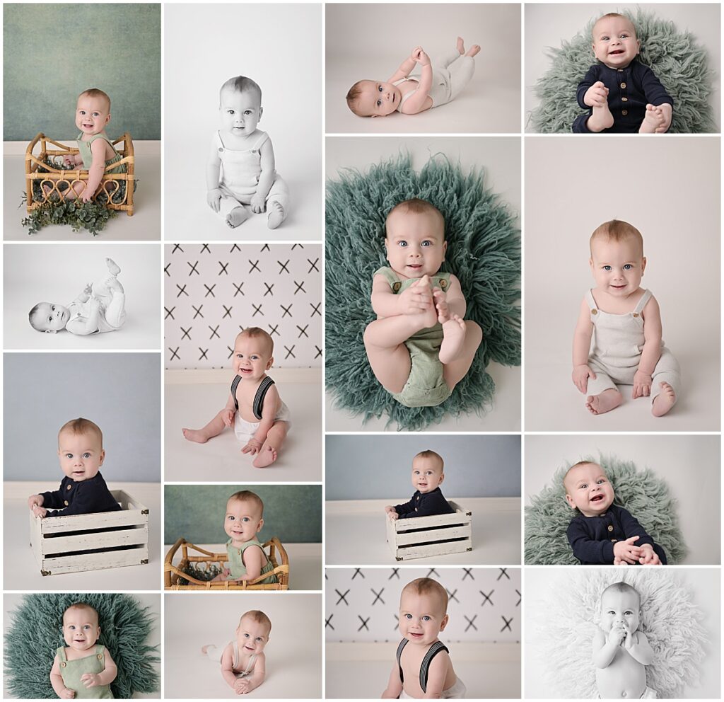 6 month old baby boy is photographed by Cherilyn Haines Photography at her studio in Baton Rouge, Louisiana. Cherilyn also photographed him as a newborn and will photograph him again as a one year old as part of the baby's first year program.