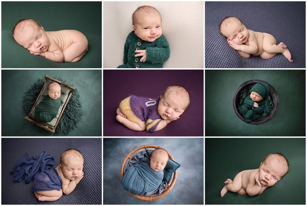 10 day old newborn baby boy is photographed by Cherilyn Haines Photography in Baton Rouge, Louisiana. His session was styled with deep blues and greens and he was also photographed in a newborn sized LSU football Jersey.