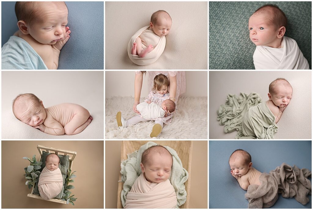 13 day old newborn baby boy is photographed at Cherilyn Haines photography's studio in Baton Rouge, Louisiana. He is photographed in shades of blues, greens, and neutrals. Sweet picture of big sister holding newborn baby brother.
