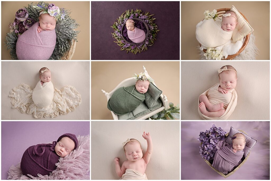 Newborn portrait session using purples, greens, and neutrals. This 18 day old baby girl was photographed at Cherilyn Haines Photography's studio in Baton Rouge, Louisiana.