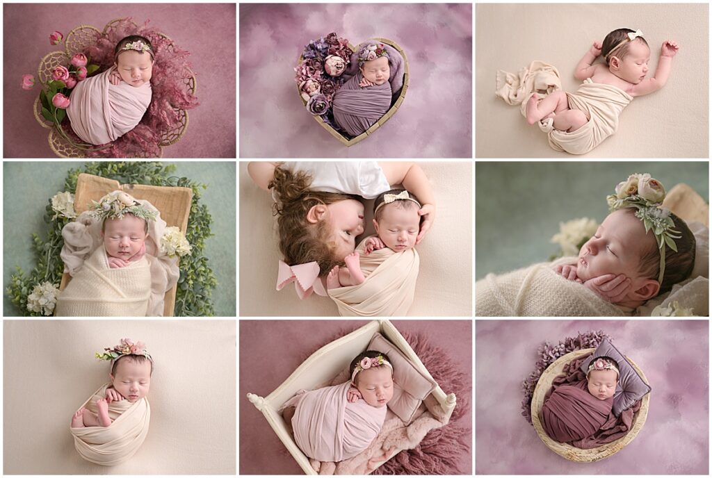 12 day old newborn portrait session with Cherilyn Haines Photography in Baton Rouge, Louisiana. This baby girl's session was styled with rose pinks, purples, and light greens, as well as florals in different colors. Big sister is kissing her newborn sister in the middle image.
