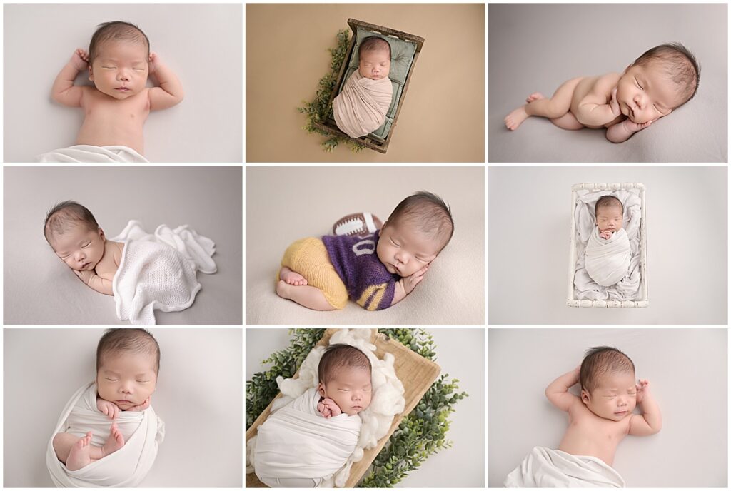 24 day old baby boy was photographed as a newborn at Cherilyn Haines photography's studio in Baton Rouge. He was photographed on white blankets and props and also wore a tiny baby-sized LSU football uniform. 