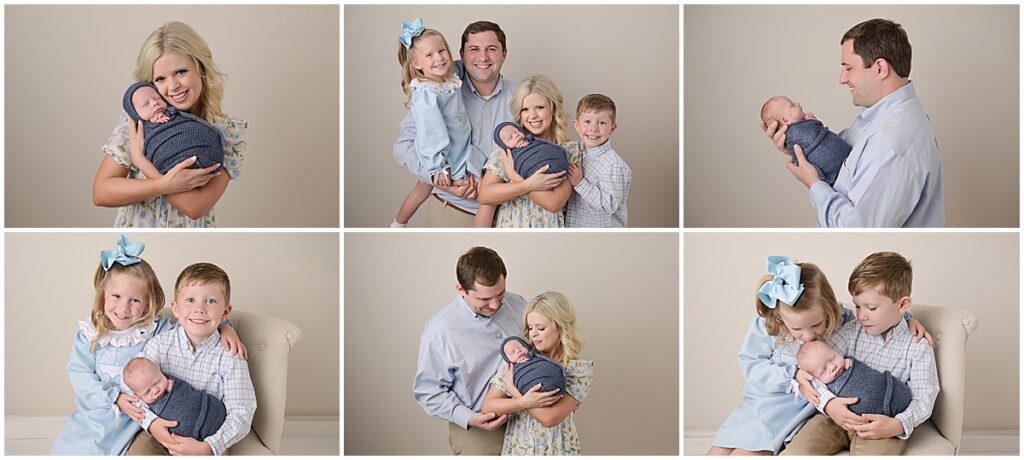 1 month old baby boy is photographed at his newborn session with his mom, dad, and older siblings. 