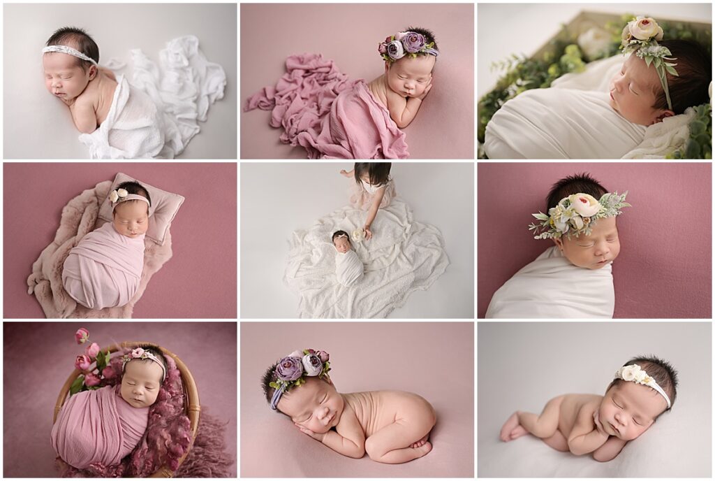 11 day old newborn baby girl is photographed by Cherilyn Haines photography at her studio in Baton Rouge, Louisiana. Big sister is photographed giving her baby sister a white rose.