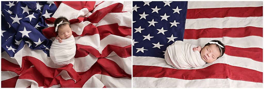 A two week old newborn baby girl is photographed swaddled on American flag. She is photographed by Cherilyn Haines Photography in Baton Rouge, Louisiana.