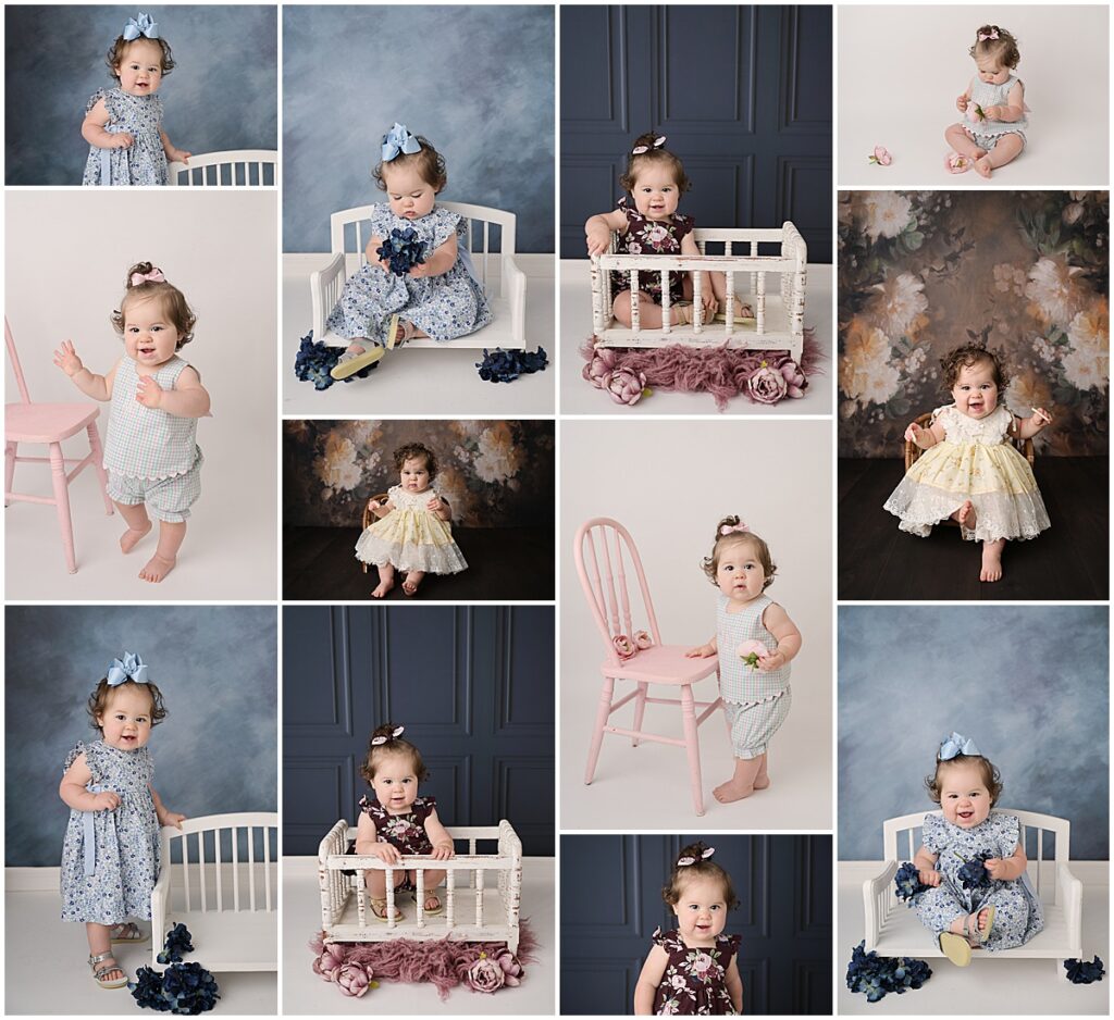 1 year old baby girl is photographed by Cherilyn Haines Photography at her studio in Baton Rouge. She was also photographed on these same backdrops as a newborn and a 6 month old.